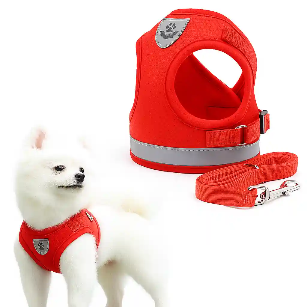 Adjustable Dog Vest Harness & 1.2m Leash – Breathable Mesh Fabric, Red